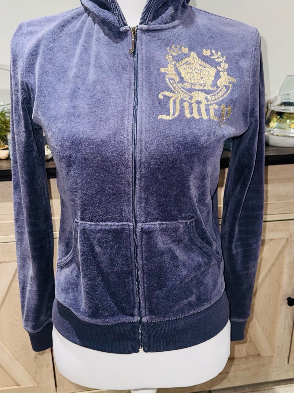RARE Vintage Juicy Couture  Velour Zip Hoodie Gold Crest  Y2K